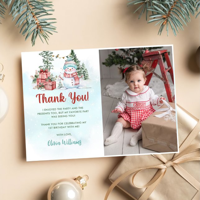 Christmas Snowman Birthday Party Photo Thank You Card (Creator Uploaded)