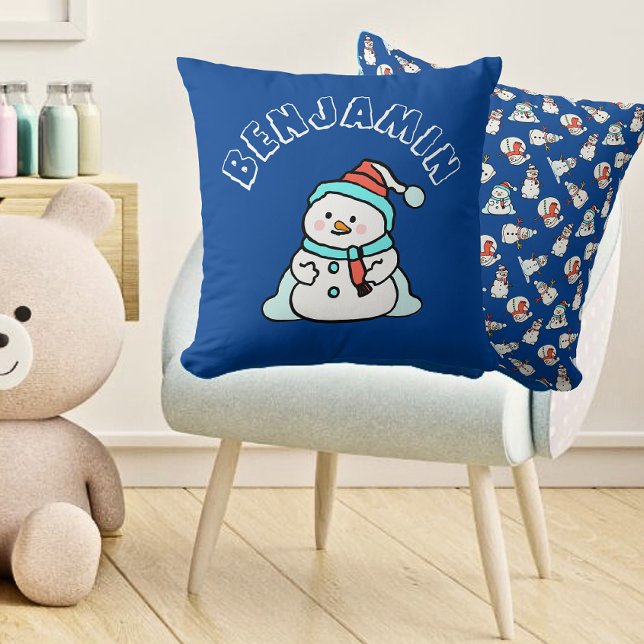 Christmas Snowman Boys Name | Blue Throw Pillow (Front And Back - Boys Playroom)
