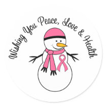 Christmas Snowman Breast Cancer Ribbon Classic Round Sticker