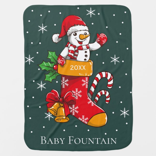 Christmas Snowman Candy Cane Personalized Baby Blanket (Front)