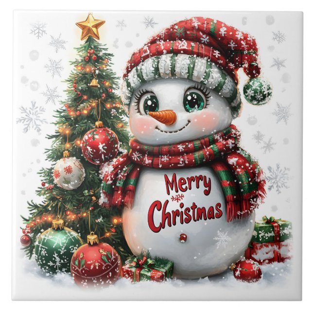 Christmas Snowman Ceramic Tile (Front)