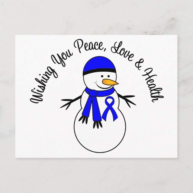 Christmas Snowman Colon Cancer Ribbon Holiday Postcard (Front)