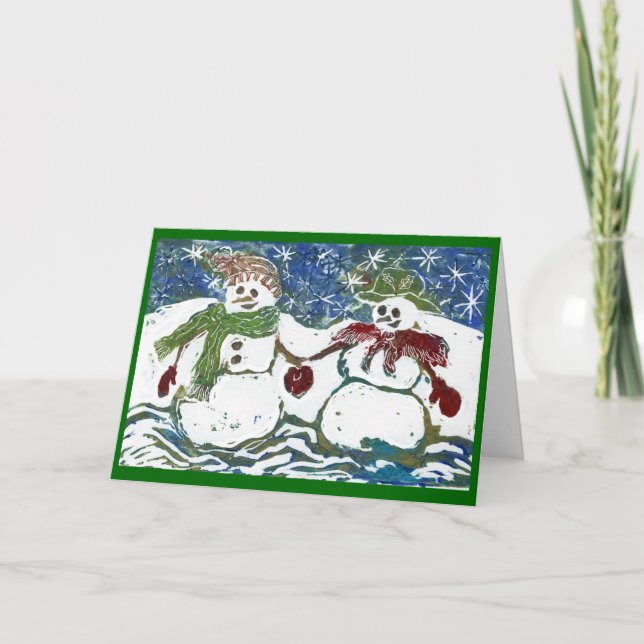 Christmas Snowman Couple - Block Print in color Holiday Card (Front)