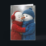 Christmas Snowman Couple in Snowflakes Card<br><div class="desc">A snowwoman and a snowman,  dressed in colorful winter attire,  share a warm hug in a snowy forest  
All text can be changed.</div>