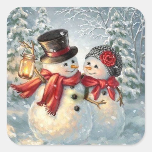 Christmas Snowman Couple Square Sticker