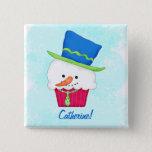 Christmas Snowman Cupcake Name Badge Personalized Pinback Button<br><div class="desc">Introduce yourself at meetings or events during Christmas or the winter holidays with this snowman cupcake name badge tag with a customizable name. The snowman cupcake is wearing a blue top hat with green accents and a lime green neck tie with blue dots. The cupcake paper wrap is red with...</div>