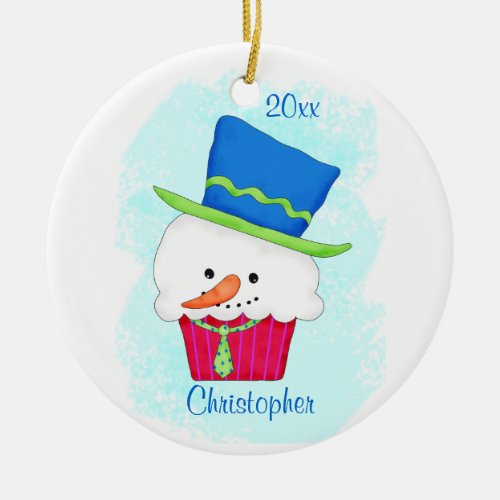 Christmas Snowman Cupcake Name Year Customized Ceramic Ornament