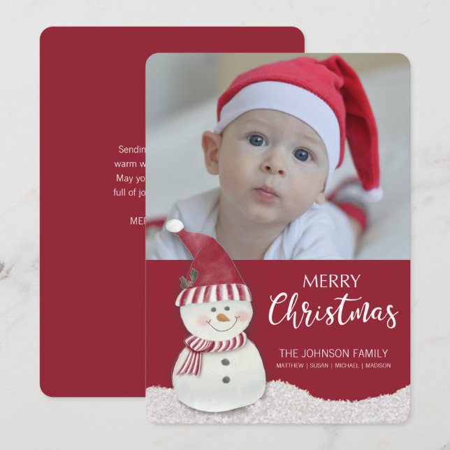 Christmas Snowman Custom Photo-Name Holiday Card (Front/Back)