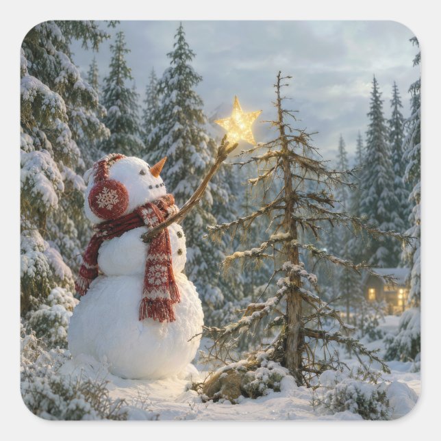 Christmas Snowman Decorating a Pine Tree Square Sticker (Front)