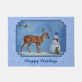 Christmas Snowman Deer Cute Bunny Blue Doormat