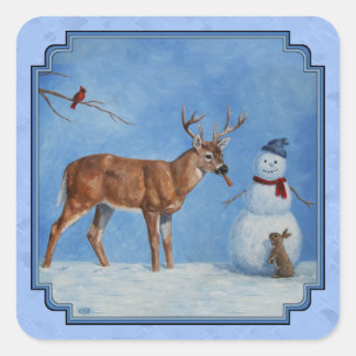 Christmas Snowman Deer Cute Bunny Blue Square Sticker