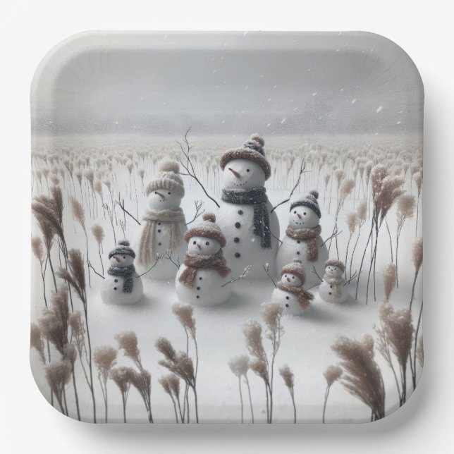 Christmas Snowman Family In Country Field Paper Plates (Front)