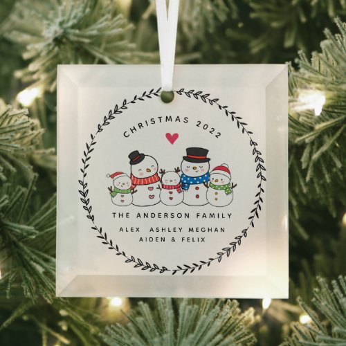 Christmas Snowman Family of Five Glass Ornament