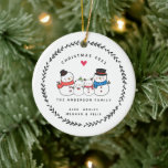 Christmas Snowman Family of Four Ceramic Ornament<br><div class="desc">Simply perfect family Christmas ornament featuring a sweet snowmen family with modern hand drawn wreath and a tiny heart.  Dated keepsake gift for your family Christmas.</div>