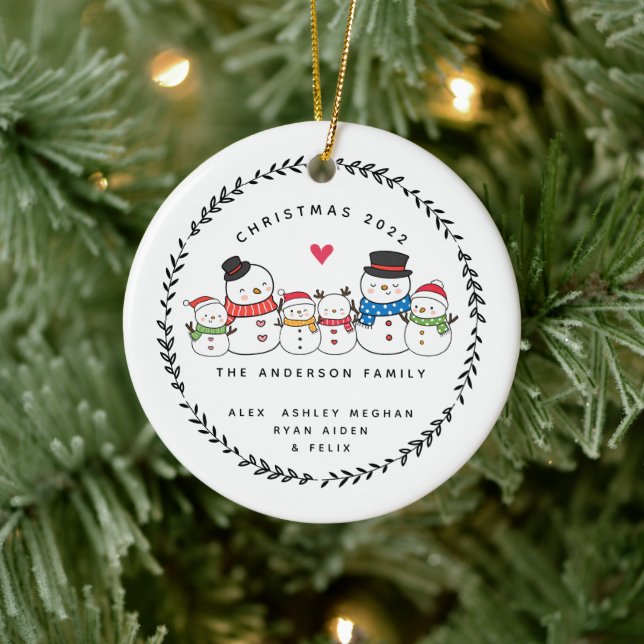 Christmas Snowman Family of Six Ceramic Ornament (Tree)
