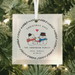Christmas Snowman Family of Three Glass Ornament<br><div class="desc">Simply perfect family Christmas ornament featuring a sweet snowmen family with modern hand drawn wreath and a tiny heart.  Dated keepsake gift for your family Christmas.</div>