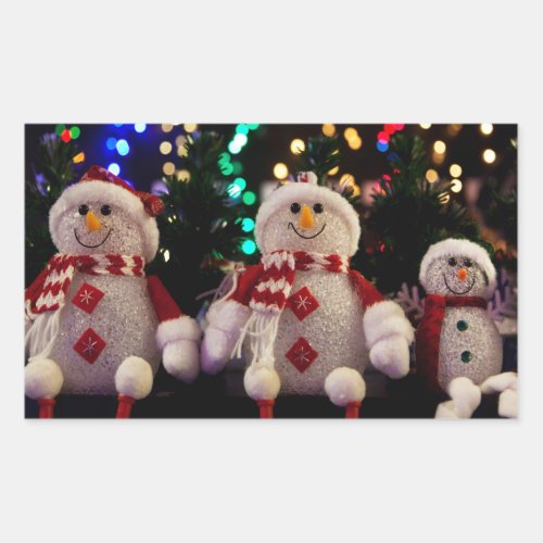 Christmas Snowman Family Ornaments Tree Photo Rectangular Sticker