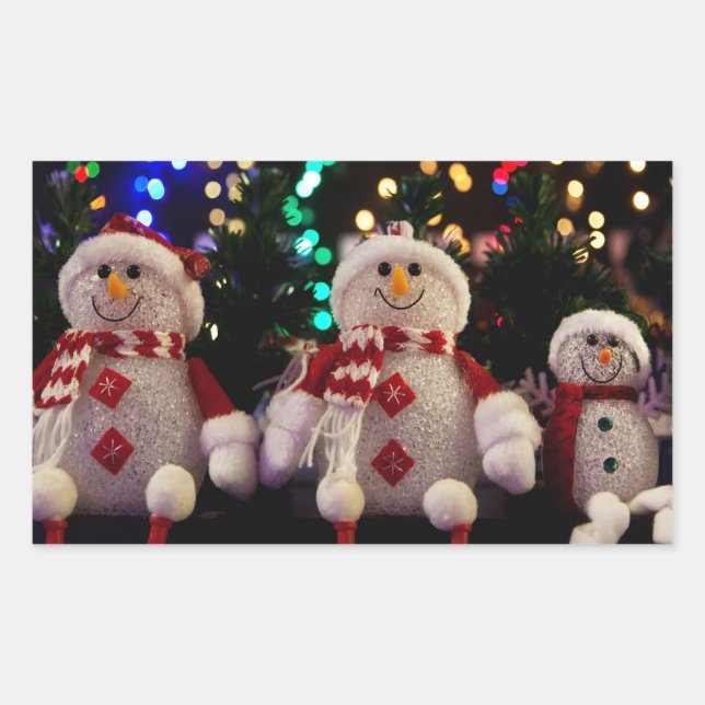 Christmas Snowman Family Ornaments Tree Photo Rectangular Sticker (Front)