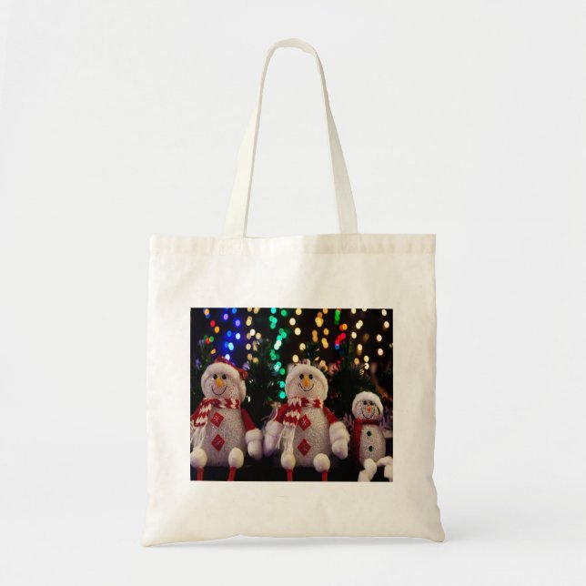 Christmas Snowman Family Ornaments Tree Photo Tote Bag (Front)