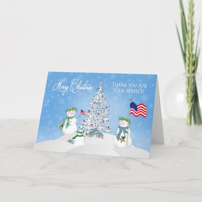 CHRISTMAS - Snowman Family  - PATRIOTIC/service Holiday Card (Front)