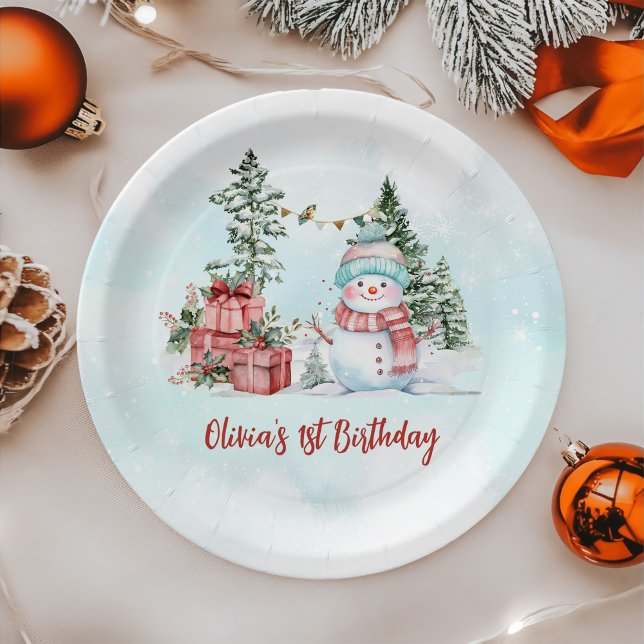Christmas Snowman First Birthday Paper Plates (Creator Uploaded)