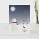 Christmas Snowman for Niece Holiday Card<br><div class="desc">Snowman with gold star for pine tree under a full moon.</div>