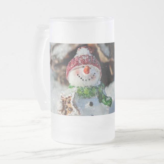 Christmas Snowman Frosted 16 oz Frosted Glass Mug (Front Left)