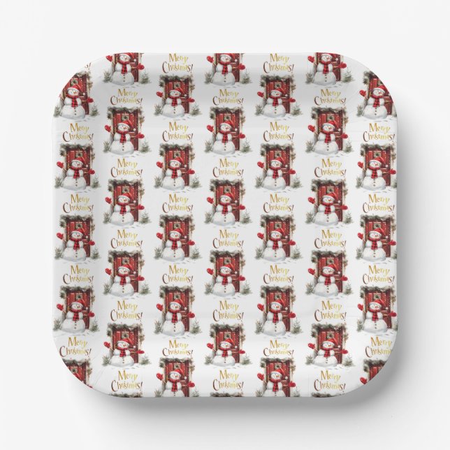 Christmas Snowman Gold Merry Christmas Text Paper Plates (Front)