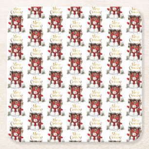 Christmas Snowman Gold Merry Christmas Text Square Paper Coaster