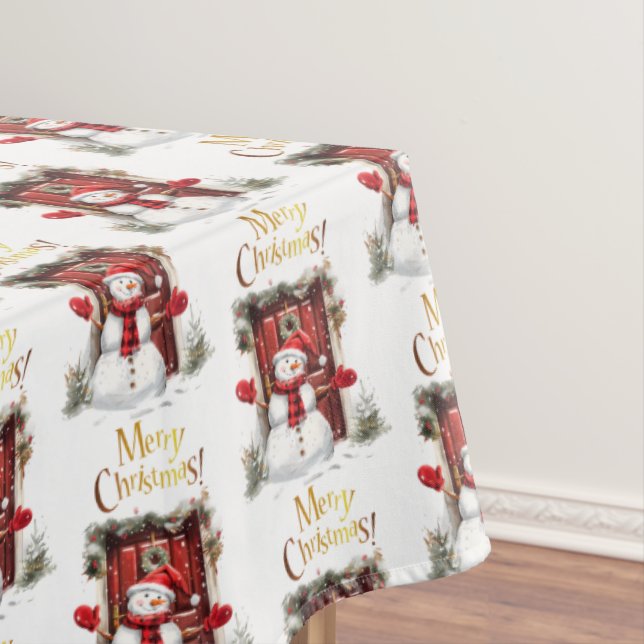 Christmas Snowman Gold Merry Christmas Text Tablecloth (In Situ)