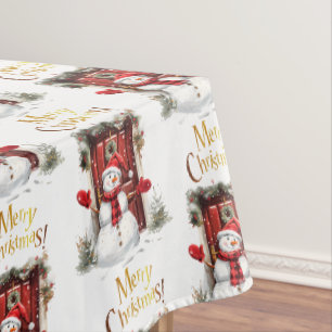 Christmas Snowman Gold Merry Christmas Text Tablecloth