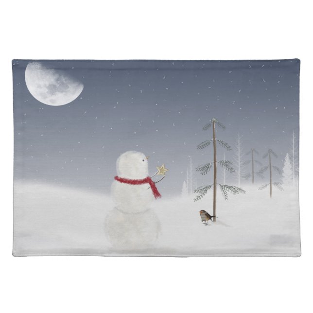 Christmas snowman gold star cloth placemat (Front)