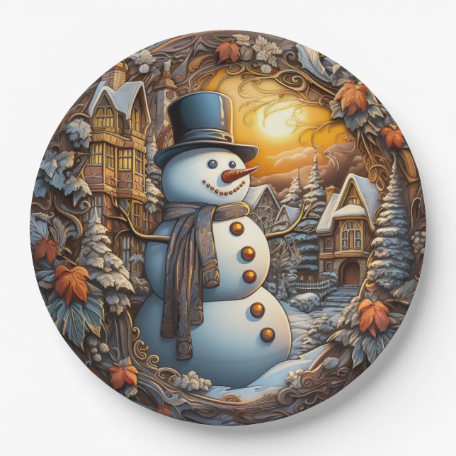 Christmas Snowman Holiday Paper Plates (Front)