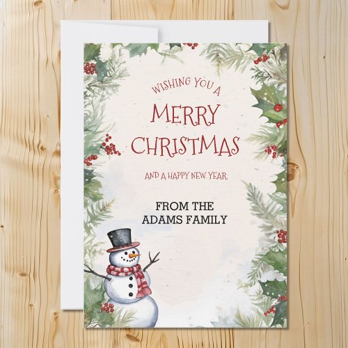 Christmas Snowman Holly Fir and Snow Scene Family Holiday Card