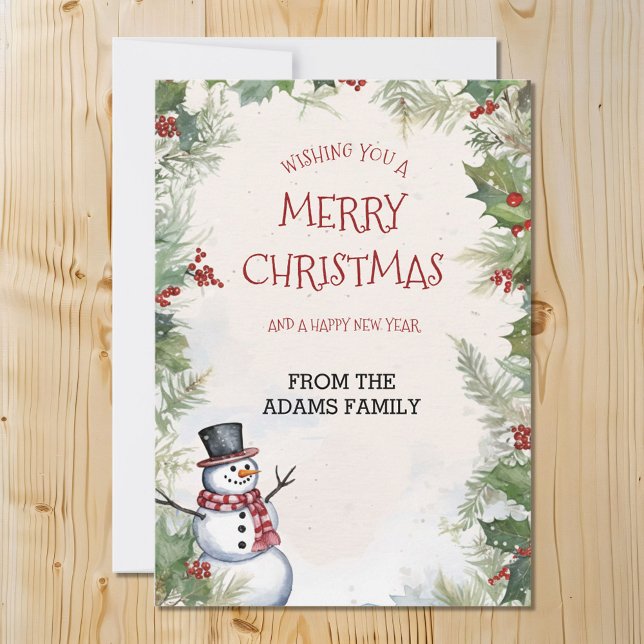 Christmas Snowman Holly Fir and Snow Scene Family Holiday Card (Creator Uploaded)