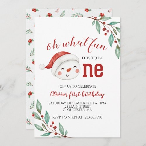 Christmas Snowman Holly First Birthday Invitation