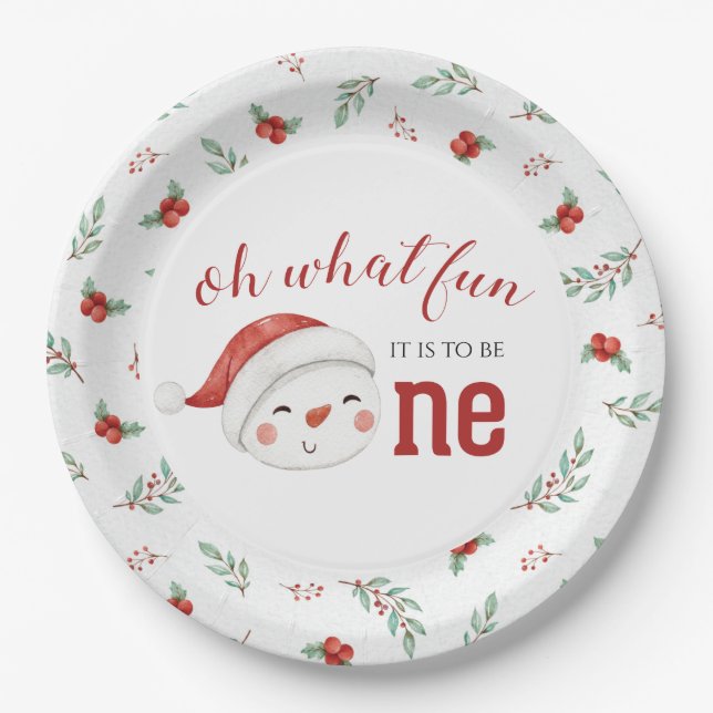 Christmas Snowman Holly First Birthday Paper Plates (Front)