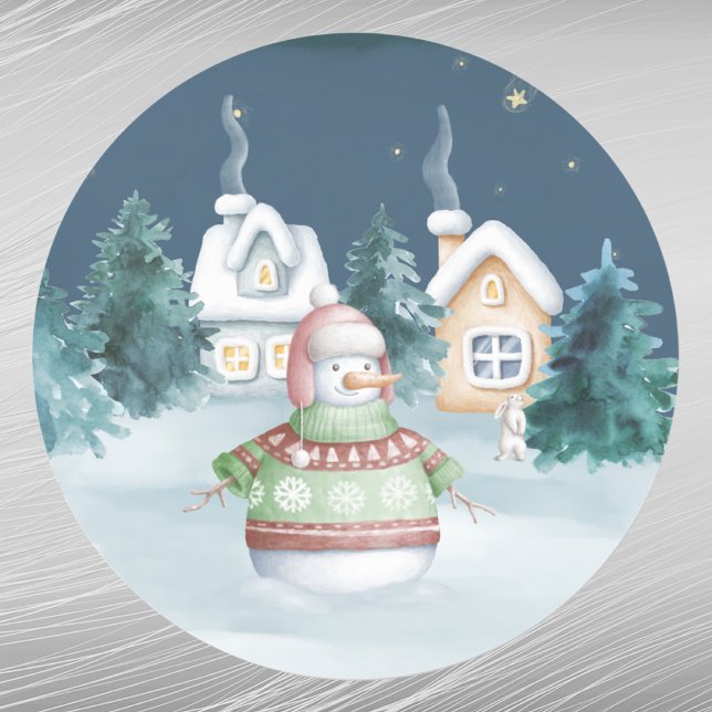 Christmas Snowman Houses Rabbit Trees Watercolor  Classic Round Sticker (Creator Uploaded)