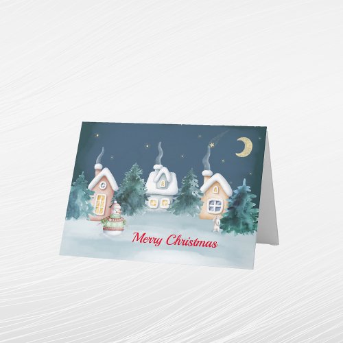Christmas Snowman Houses Rabbit Trees Watercolor Holiday Card