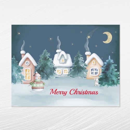 Christmas Snowman Houses Rabbit Trees Watercolor Holiday Postcard