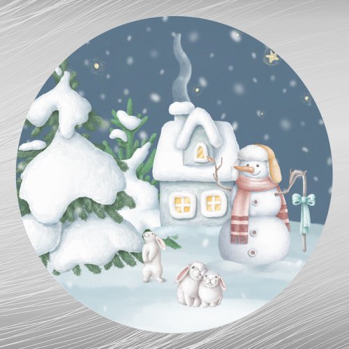 Christmas Snowman Houses Rabbit Watercolor Classic Round Sticker