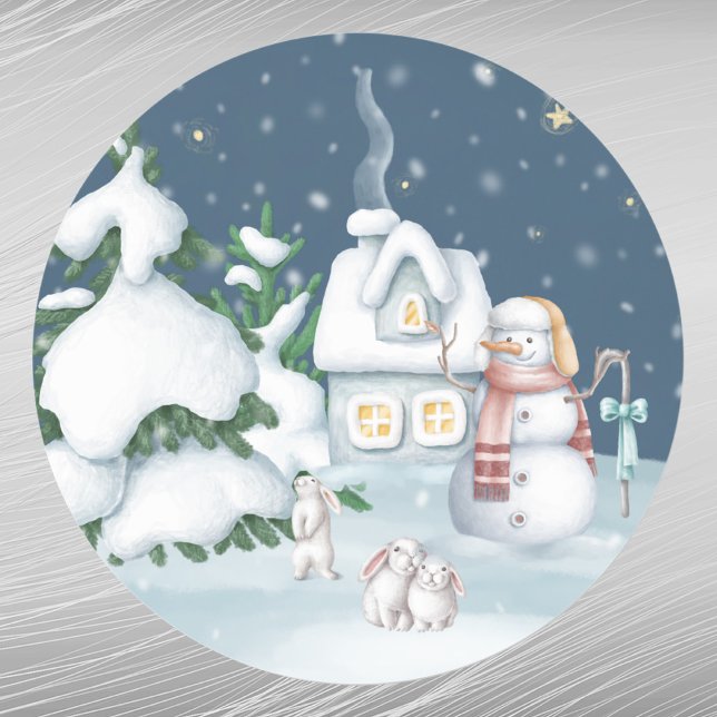 Christmas Snowman Houses Rabbit Watercolor Classic Round Sticker (Creator Uploaded)