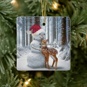 Christmas Snowman Hugging a Fawn Ceramic Ornament