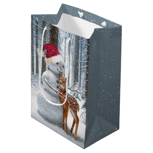 Christmas Snowman Hugging a Fawn Medium Gift Bag (Front Angled)