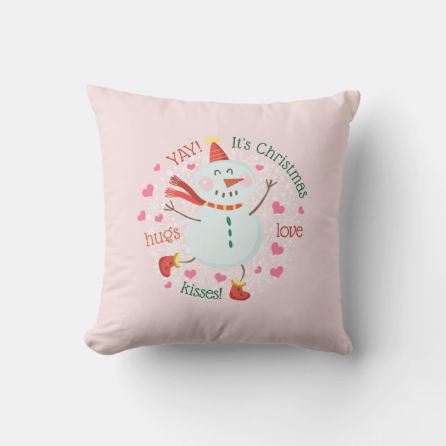 Christmas Snowman Hugs Love Kisses Pink Throw Pillow (Front)