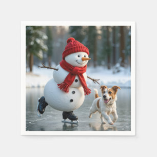 Christmas Snowman Ice Skating With Dog Napkins