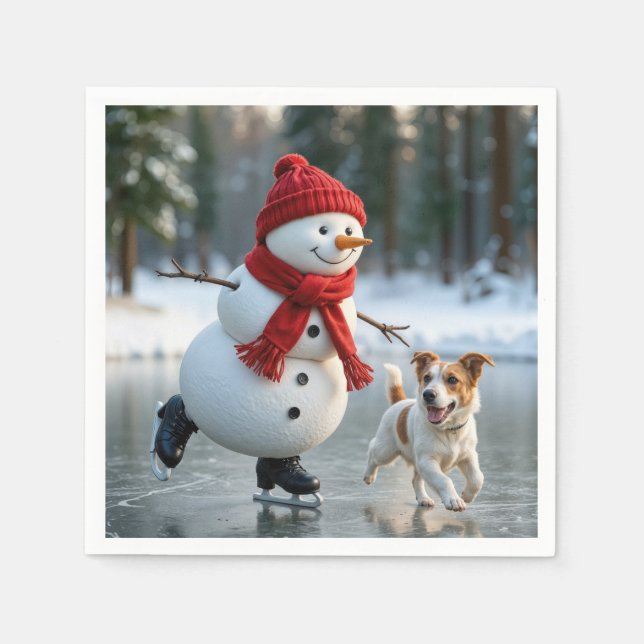 Christmas Snowman Ice Skating With Dog Napkins (Front)