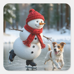 Christmas Snowman Ice Skating With Dog Square Sticker