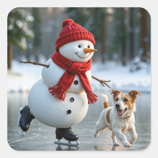 Christmas Snowman Ice Skating With Dog Square Sticker (Front)
