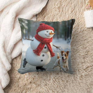 Christmas Snowman Ice Skating With Dog Throw Pillow